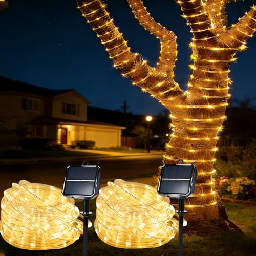 Solar Roep Lights for Outside, 2 Packs Total 66ft 200 LED Solar String Light with 8 Modes, Waterproof Solar Outdoor Light for Patio Garden Party Tree Proch Pool Holiday Xmas Decor-Warm White - color: Warm White, size: 2x33ft