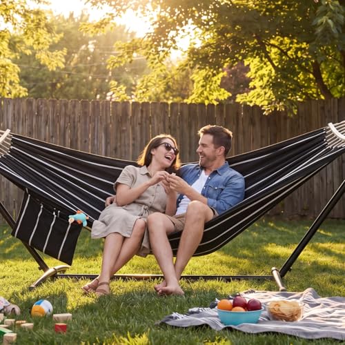 GAFETE Double Hammock with Stand for Outside, Upgraded Spreader Bar, Heavy Duty Space Saving Steel Stand 2 Person, Side Pockets, Easy Assembly, 600lbs Weight Capacity, Indoor & Outdoor (Darkness) - color: Darkness