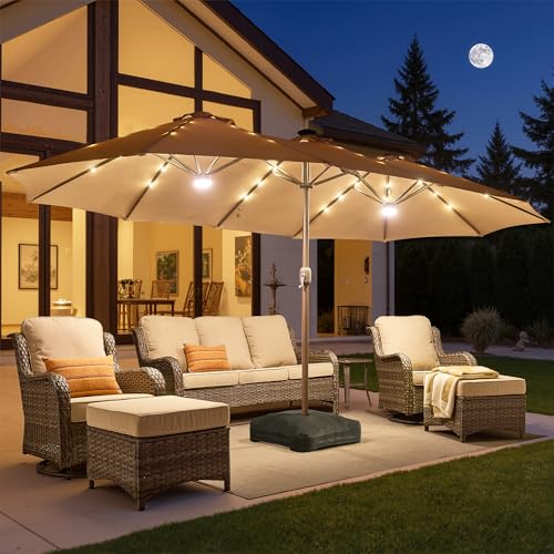 HOOOWOOO Outdoor Patio Umbrella With Solar Light,15 Ft Large Beach Umbrella,UV Protection Picnic Market Parasol Sunshade W Base Crank Handle For Backyard Deck Pool Shade - color: Beige