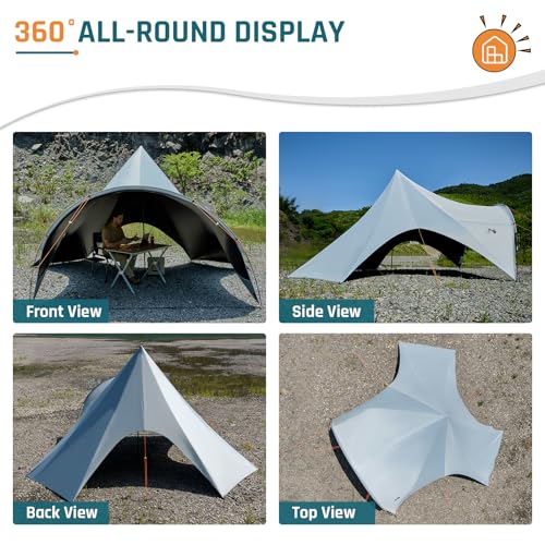 Blackout Camping Canopy Waterproof Tent Tarp with Poles Sun Shade Shelter for Outdoor Camping Backyard Picnic, Included Guy Lines & Luminous Tent Stakes, Gray