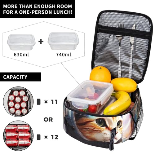 Cute Astronaut Cat Space Cool Insulated Lunch Bag Portable Reusable Zipper Lunch Box For Men Women Work Picnic Travel Camping - color: Black26
