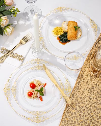 Nervure 350PCS Clear Gold Plastic Plates - Gold Plastic Dinnerware Sets for 50 Guests - 100 Disposable Plates, 150 Silverware, 50 Cups, 50 Napkins for Wedding & Party - color: Clear and Gold