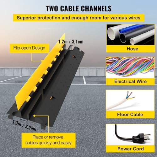 VEVOR 5 Pack Rubber Cable Protector Ramp 2 Channel Heavy Duty 66,000 lbs Load Capacity Cable Wire Cord Cover Ramp Speed Bump Driveway Hose Cable Ramp Protective Cover (2-Channel, 5 Pack-66,000 lbs) - style: 5 Pcs