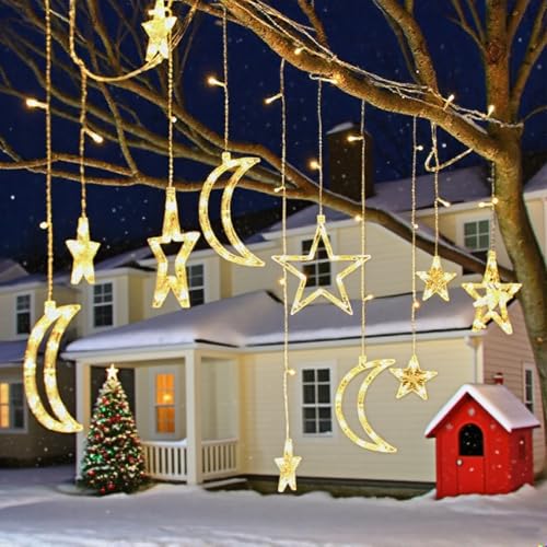 Moon Stars Solar String Lights for Outdoor, Christmas Decorations Curtain Lights with Remote Control and USB Backup Charger, Automatic ON-Off, IP65 Waterproof, Warm Yellow