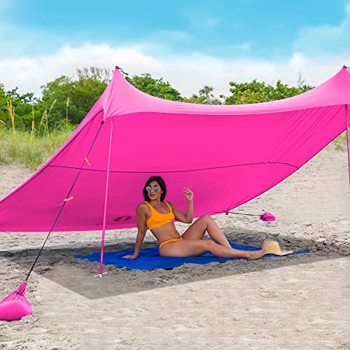 Red Suricata Family Beach Tent & Beach Canopy, UPF50 Sun Beach Shade, Sunshade with 4 Aluminum Poles, 4 Pole Anchors & Sand Shovel, Large & Portable Sun Shelter Tarp (Large, Pink) - color: Pink, size: Large 10' X 9'