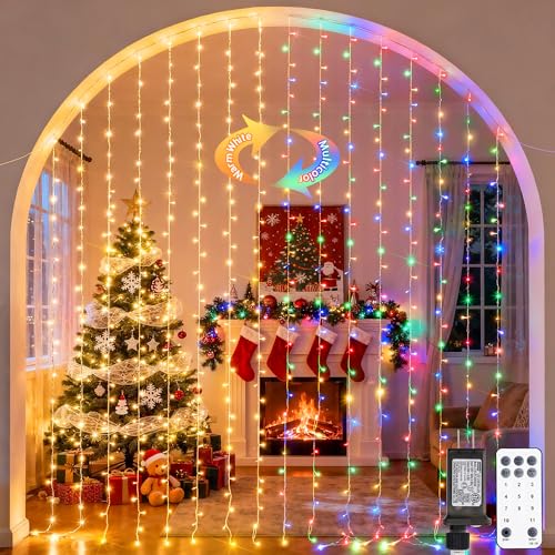 JMEXSUSS 300LED Dual Color Changing Curtain Lights with Remote, 9.8 x 9.8ft Connectable Plug in Christmas String Lights for Bedroom Backdrop Outdoor Decor, Warm White to Multicolor - color: Warm White to Multicolor, size: 300 LED