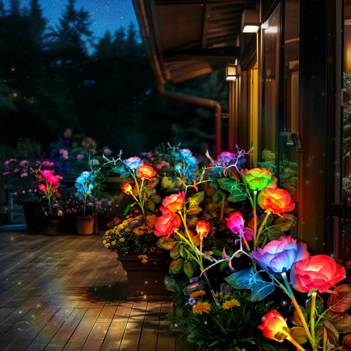 Anordsem Rose Lights Solar Powered for Women: Garden Light Waterproof for Yard Decorations Outdoor - Flower Lamp Colorful Lighting Cemetery Decor - Mother's Day Birthday Gifts for Mom Wife - color: Red, size: 2 pack (LED luminous color-changing)