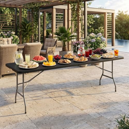 BestOffice 8 FT Picnic Table Plastic Camping Table Portable Square Height Folding Table Perfect for Picnics, Parties, Party and Camping, Black - color: Black, size: 8 FT