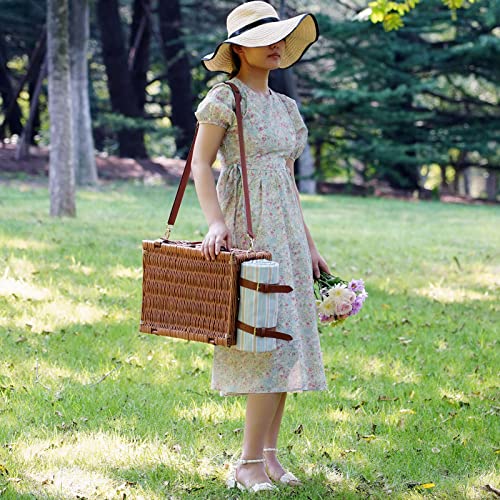 Picnic Cooler Basket Set for 2 Persons with Large Waterproof Picnic Blanket, Cutlery Service Kit and Adjustable Strap - color: Honey Color for 2 Persons With Strap