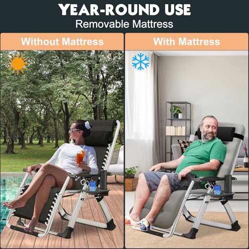MOPHOTO Zero Gravity Chair, Outdoor Padded Lounge Chair with Side Table, Zero Gravity Recliner Chair, Outdoor Reclining Chair, Sturdy & Comfortable, Supports up to 440lbs - color: Black W/ Light Silver Gray, style: Zero Gravity Chair