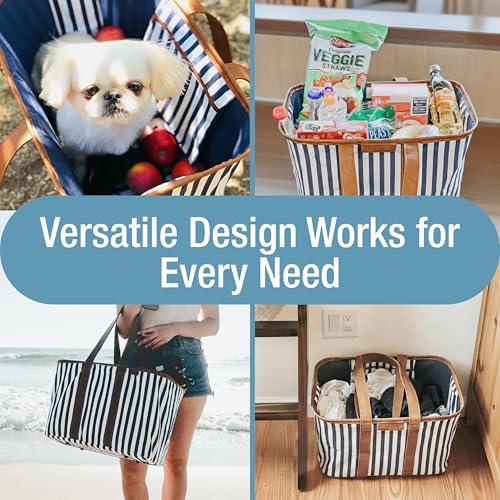 CleverMade Collapsible LUXE Tote, 30L Foldable Grocery Shopping Bag, Reusable - color: Navy Stripe