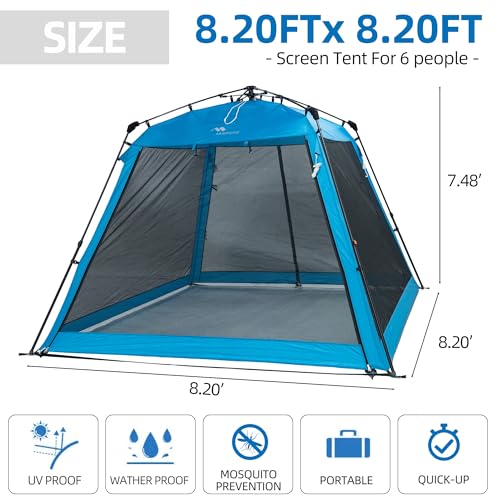 Pop Up Screen House Gazebo 8.2'x8.2'x75'' – Instant Portable Canopy with Mosquito Netting & UPF Sun Protection, Tool-Free 1-Minute Setup, Foldable Outdoor Tent for Backyard, Camping, Garden.Blue - color: Blue