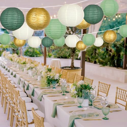 Sage Green Gold Paper Lanterns Decorative, Round Hanging Paper Lanterns for Graduation Wedding Bridal Shower Birthday Party Neutral Baby Shower Decorations, 21pcs - color: Bean green