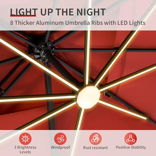 10 X 13 FT Cantilever Patio Umbrella with Led Lights Outdoor Rectangle Offset Large Double Top Heavy Duty Umbrellas with 360°Rotation for Pool Deck Backyard Garden, Wine Red - color: Wine Red, size: 10×13 Ft Without Base