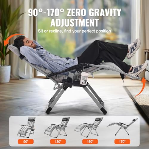 VEVOR Zero Gravity Chair, 26 inch Zero Gravity Recliner Lounge Chair for Indoor and Outdoor, Adjustable Anti Gravity Chair with Cushion, Headrest, Footrest, and Cupholder, 500 lbs, Gray - color: Grey, size: 26 Inch