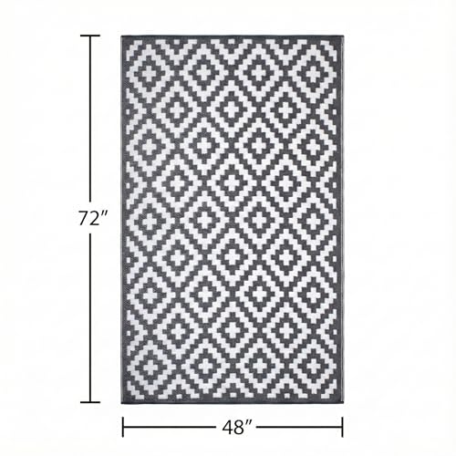 FH Home Outdoor Rug - Waterproof, Fade Resistant, Reversible - Premium Recycled Plastic - Geometric - Patio, Deck, Porch, Balcony, Laundry Room - Aztec - Gray & White Crease Free - 4 x 6 ft - color: Aztec - Gray & White, size: 4' X 6' (Rectangular)