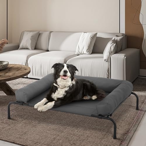 MoNiBloom Outdoor Elevated Dog Bed w/Removable Bolster, Portable Raised Outdoor Dog Bed with Stable Anti-Slip Feet & Breathable Mesh, 42 Inches Length, Dark Gray - color: Dark Gray, size: 42"L