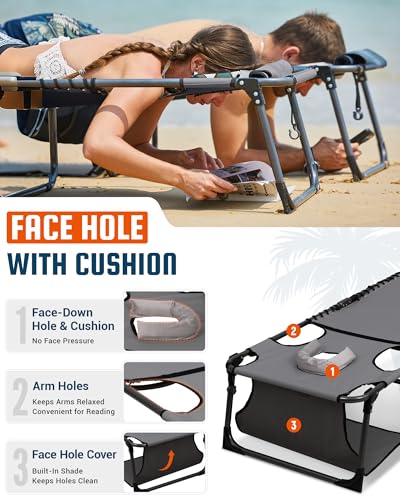 KingCamp Lounge Chair with face Hole & Canopy Shade, 400LBS Folding Portable Tanning Chair with face Hole, Adjustable 5-Position Foldable Beach Sun Tanning Chair for Outside Beach Patio Outdoor Pool - color: C*skyshade Canopy——grey Canopy, style: 400lbs&P