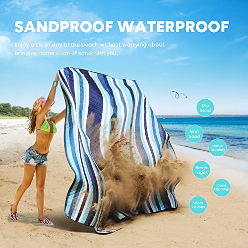 ZAZE Picnic Blankets Beach Blanket, 80''x80'' Extra Large Thick 3-Layers, Sandproof Machine Washable Waterproof Foldable Oversized XL Outdoor Mat, for Camping, Park, Travel, Grass(Blue White Stripe) - color: Blue and White Stripe