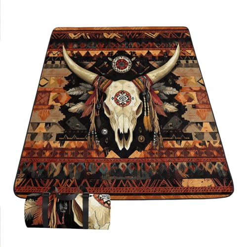 Outdoor Picnic Blanket Portable Ultrasonic Waterproof Picnic Bull Skull Printed Camping Beach Mat for Sand and Wet Grass Hiking (Bull Skull L - color: Bull Skull, size: Extra Long - 78"x78"