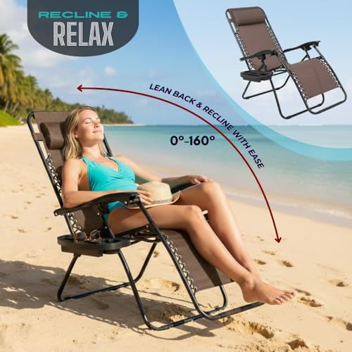 Zero Gravity Lounge Chair Adjustable Outdoor Reclining Chair Folding Patio Anti-Gravity Indoor Outdoor Lounge Chair w/Pillow, Cup Holder (One Chair - Brown) - color: One Chair - Brown