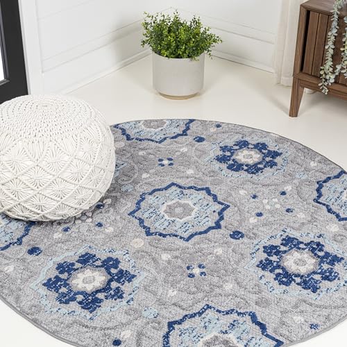 JONATHAN Y Mediterranean Medallion Indoor Outdoor Round Area Rug 5 Ft Blue/Gray, Boho for Backyard, Patio, Porch, Easy-Cleaning, High Traffic, Pet-Friendly, Non-Shedding (AMC101A-5R) - size: 5'3" (Round)