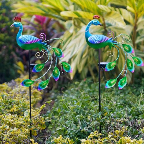 DREAMSOUL 2 Pack Metal Peacock Solar Lights Outdoor Waterproof LED Solar Lights, Decorative Garden Stakes for Yard Pathway Peacock Decor - color: Vibrant-2pack