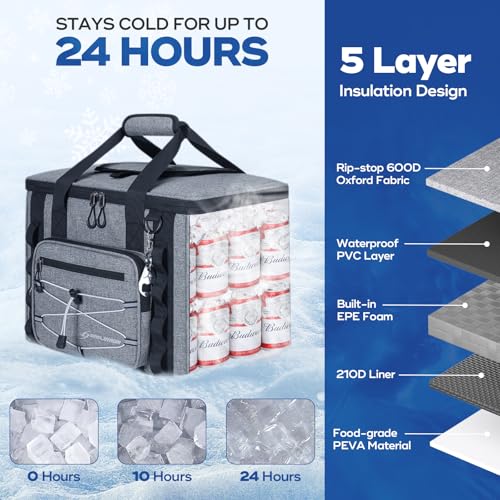 Maelstrom Soft Sided Cooler Bag, 30/40 Can Collapsible Insulated Ice Chest, Large Leakproof Portable Storage for Camping, Travel, Kayaking & Beach - color: 5.Gray with lid, size: 40 Can