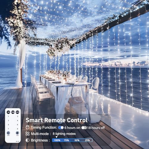 JMEXSUSS 300 LED 9.8x9.8Ft Curtain Lights Indoor with Remote, White Christmas Lights Plug in, 8 Modes White String Lights for Bedroom Wall Wedding Reception Dorm Party Backdrop Window Outdoor Decor - color: White, size: 300 LED