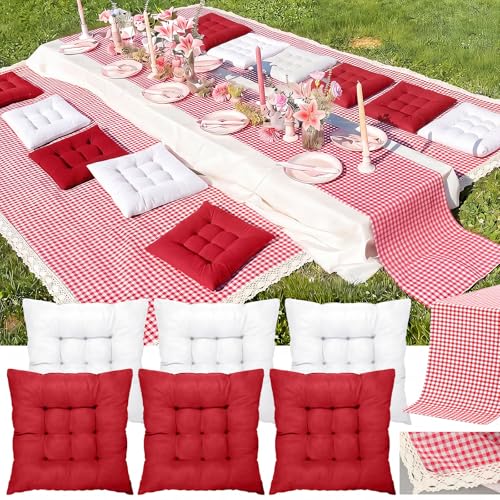 Extra Large Outdoor Picnic Blanket with Table Runner and Floor Pillow Cushion for Picnic Wedding Birthday Baby Shower Backyard Decor(59 x 102'',Burgundy,White,8 Pcs) - color: Burgundy,white