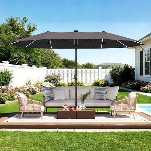 GDPFN 15ft Rectangular Patio Umbrella with Solar LED Lights, Double-Sided Outdoor Market Umbrella Extra Large Shade for Pool, Deck, Backyard, Garden, Dark Gray (Base Not Include) - color: Dark Gray, size: With Led