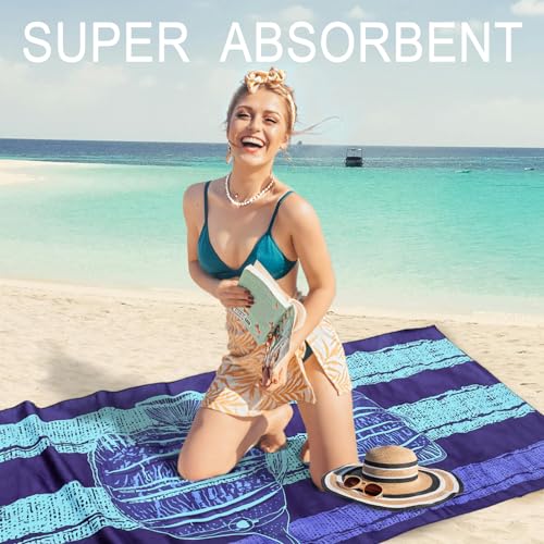 Bnuitland Stripy-Blue Fishes Pattern Beach Towel (35X75 inches), Oversized Quick Drying Absorbent Sand Free, Lightweight Towels for Travel Swimming Pool Picnic, 88% Polyester and 12% Polyamide, Blue - color: Fish Blue