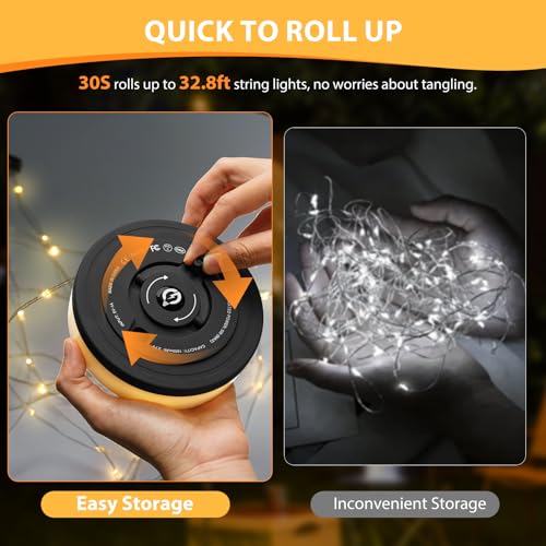 2Pack Camping String Lights, 4 in 1 Quick Storage Camping Essentials Gear 32.8FT Rechargeable Tent Lights with 9 Modes Warm +RGB Waterproof Camp Lamp for Hiking Patio Garden Festival Outdoor Decor - color: Warm & RGB-Black, size: 2PACK