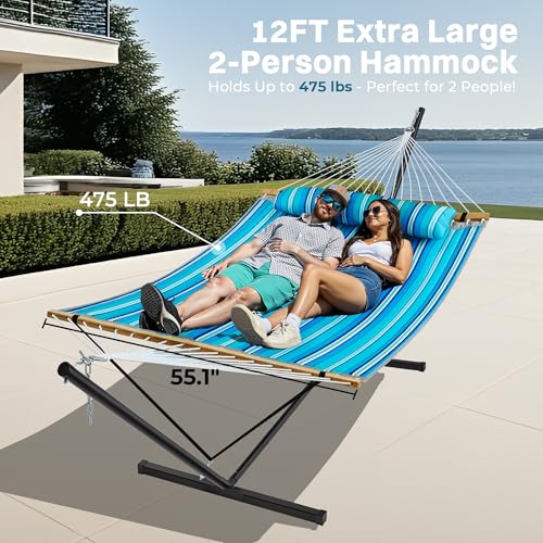 SUPERJARE Hammock with Stand, 2 Person Quilted Outdoor Hammock, Detachable Pillow & Bamboo Spreaders, Portable Hammock with Carrying Bag, Heavy Duty Stand, Perfect for Outside, Patio, Aqua Blue - color: Aqua Blue, size: 55.1"W × 74.8''D × 43.3''H