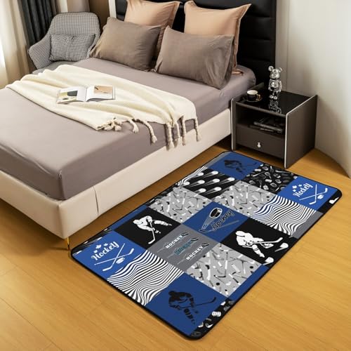 Erosebridal Ice Hockey Area Rug 4'11" x 3'3" for Boys Kids Teens,Sports Theme Carpet Blue and Gray Hockey Indoor Floor Mat,Winter Hockey Player Accent Rug Set for Living Room Bedroom Non Slip - color: Color 28, size: 3'3" x 4'11" (Rectangular)
