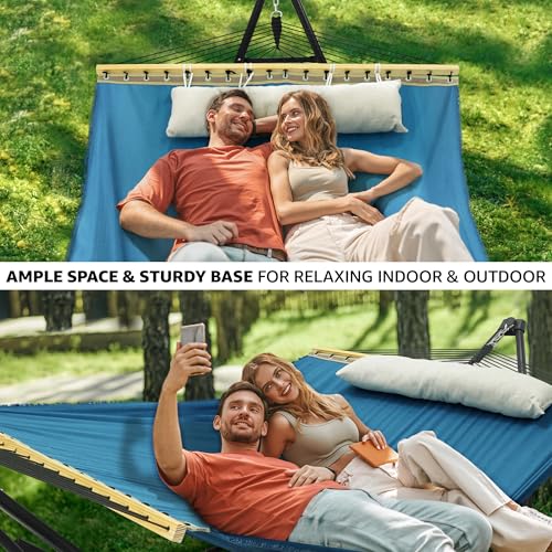 Tranquillo Unity Adjustable Hammock Stand, 800 lbs Capacity Steel Double Hammock Stand for 2 Persons, Premium Pre-Assembled Stand for Indoor Outdoor, Blue - color: 4. Blue Canvas, size: Large