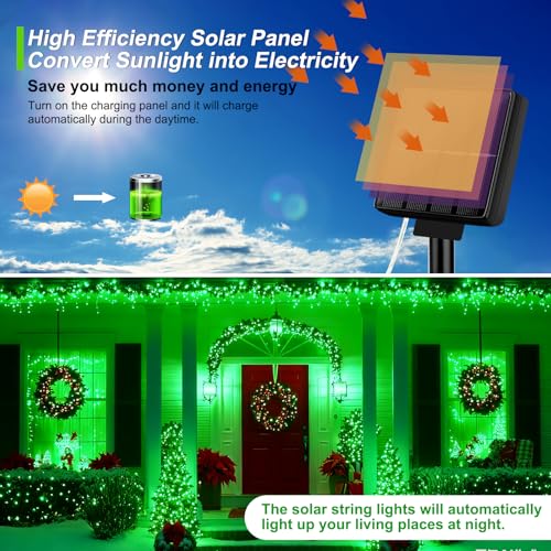 Brightever Solar String Lights, 2-Pack Total 80FT 200LED Solar Fairy Lights with 8 Lighting Modes, Solar Lights Outdoor Waterproof for Patio Christmas Wedding Party Tree Yard Decoration (Green) - color: Green, size: 2Packs（40FT 100LED）