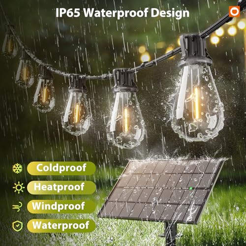 addlon 198FT(192+6) Solar String Lights Outdoor Waterproof 6W Panel with USB Port & Remote Control Solar Powered Patio Lights for Outside with 68 LED Dimmable Bulbs for Porch Garden Deck Halloween - size: 192+6FT(64 Sockets)
