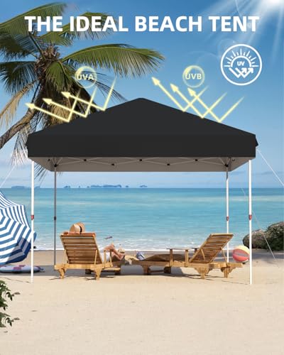 GarveeLife 10x10 Pop Up Canopy with One Button Push Setup - Heavy Duty Outdoor Canopy Tent with Portable Roller Bag - 3 Adjustable Height, 4 Weight Bags, 8 Stakes & 4 Guy Ropes Included, Black - color: Black