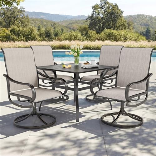 PHI VILLA 5 PCS Patio Dining Set with Outdoor Swivel Dining Chairs (Gray) and 37"x 37" Metal Steel Dining Table, All Weather Patio Dining Furniture Set for Poolside Deck Lawn Garden - color: Grey Fabric, size: 37"L x 37"W x 28"H-5 Piece-Metal