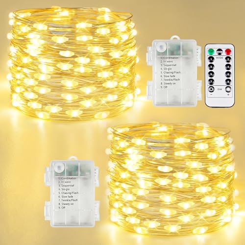 2 Pack Fairy Lights Battery Operated with Remote, 120LED 40FT Twinkle Lights Waterproof for Outdoor & Indoor, 8 Modes Battery String Light Timer for Christmas Party Wedding Home DIY Décor(Warm White) - color: Warm White, size: 2 Pack 120led