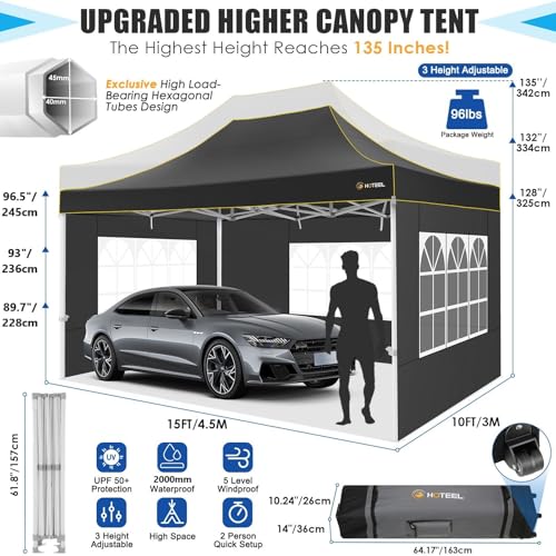 HOTEEL Canopy Tent 10x15 Heavy Duty Pop Up Canopy with Sidewalls, Party Tent with Roller Bag for Event Wedding, Upgraded Commercial Waterproof Instant Canopy, Thick Hexagonal Legs, UPF50+, Black - color: Black, size: 10x15FT (+4 Walls)