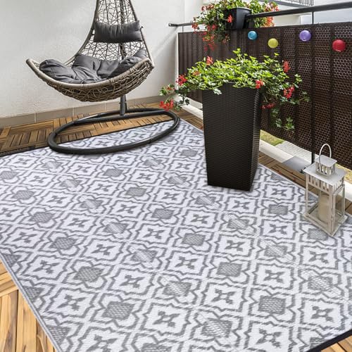 Alfolo Outdoor Rug for Patios Clearance 4X6 Waterproof Reversible Plastic Straw Rug RV Camping Mat Outside Area Rug Carpet for Camping RV,Porch,Deck,Balcony,Camper,Backyard - color: Grey&white, size: 4' x 6' (Rectangular)
