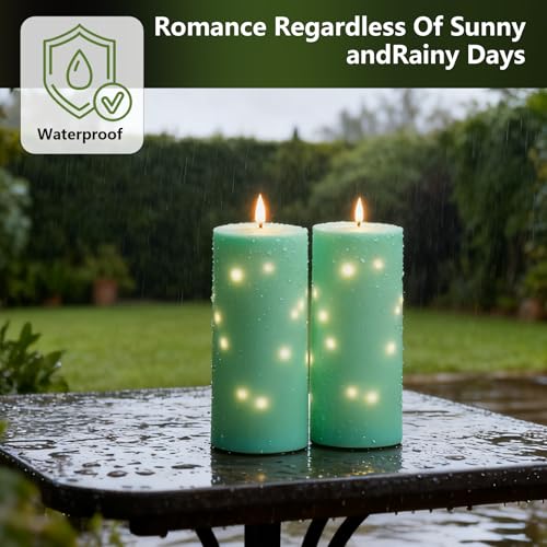 kakoya 10" x 4" Large Outdoor Waterproof Flickering Flameless Candles with Timer,2Pcs Battery Operated LED Pillar Candles with Embedded Star String for Outdoor Lanterns,Porch,Patio Decor(Blue) - color: Blue, size: 2PCS-D4"xH10"