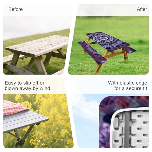 ANNA QUEEN Mandala Picnic Table Cover Set, 6FT Boho Purple Waterproof Tablecloth & Bench Covers 3PCS 72"x30" for Camping Garden Patio Festivals Retreats - color: #4