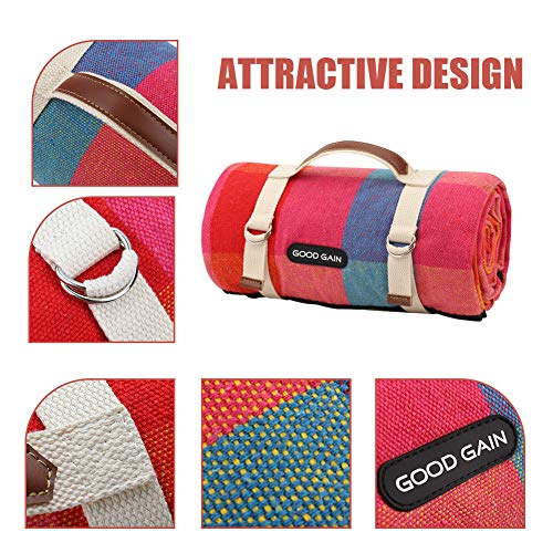 G GOOD GAIN Waterproof Picnic Blanket Portable with Carry Strap for Beach Mat or Family Outdoor Camping Party (red Plaid) - color: Multi Color
