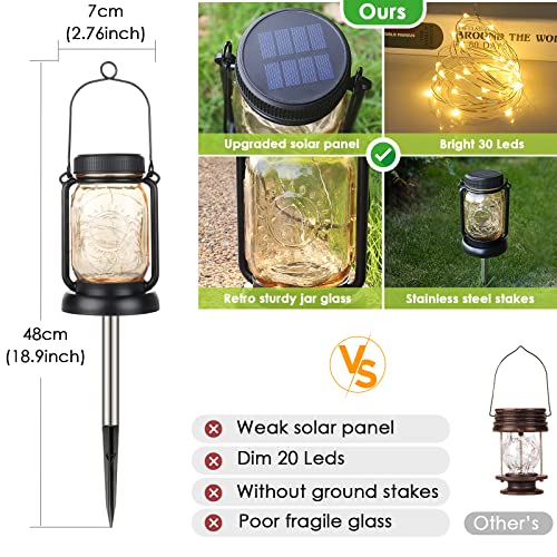 Mlambert 4 Pack Solar Hanging Lantern with Stakes, Outdoor Waterproof Solar Mason Jar Fairy String Lights Decorative Vintage Glass Lamp-Warm White - color: Warm White