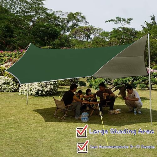 16x16 ft Large Camping Tarp Waterproof Hammock Rain Fly Camping Awning Sun Shelter (Without Pole) (Green) - color: Green