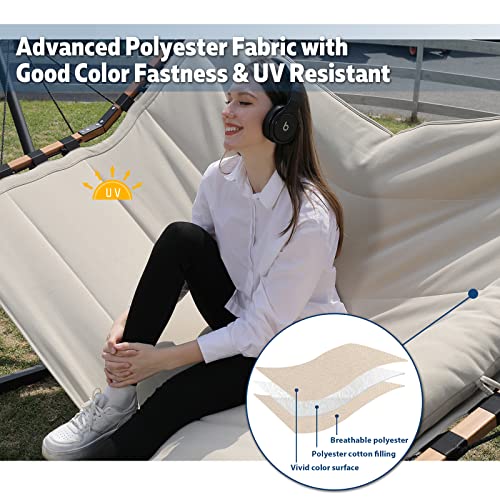 TegerDeger 12FT 2 Person Hammock with Stand Included 55 x 79IN Large Hammock 450LB Capacity with Hardwood Spreader Bar & Nylon Rope for Outside, Patio, Garden, Backyard, Beach, Poolside - Beige - color: Beige