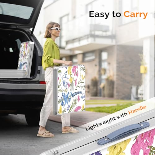 VINGLI 4FT White Folding Table with Carrying Handle Height Adjustable Lightweight Fold Up Portable for Indoor Outdoor Picnic,Camping,Hiking,Fishing,BBQ … - color: Flower, size: 4ft